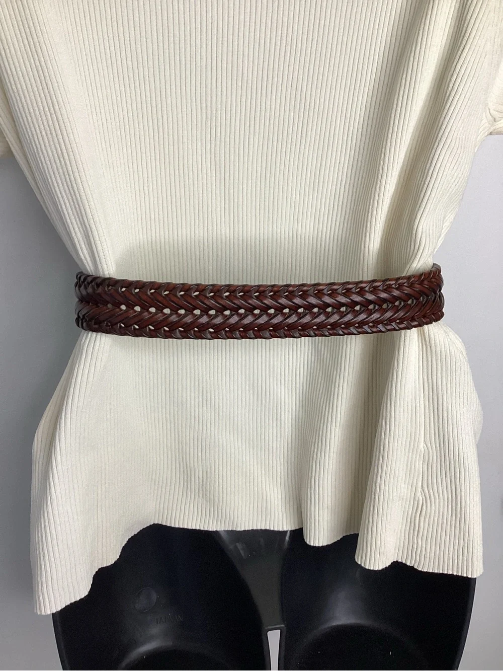 Braided Vegan Leather Belt in Brown with Silver Buckle
